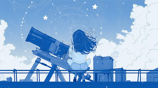天台上欣赏星星的卡通小女孩图片