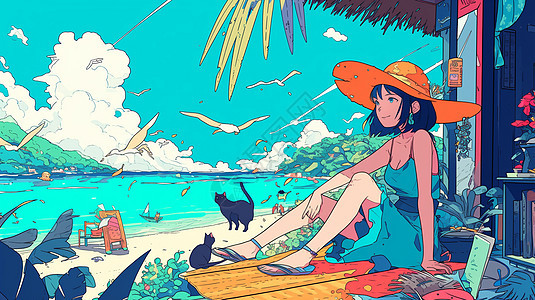 头戴遮阳帽坐在湖边欣赏风景悠闲度假的卡通女孩图片