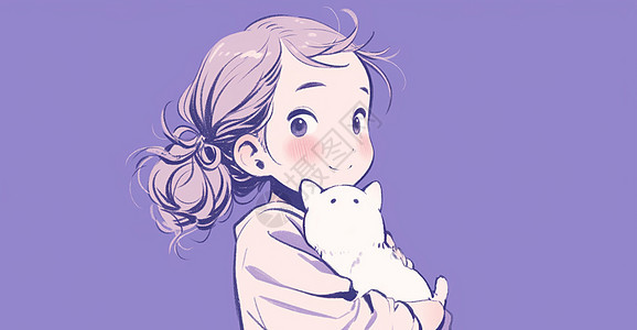 紫色背景抱着宠物猫可爱的扁平风卡通女孩图片