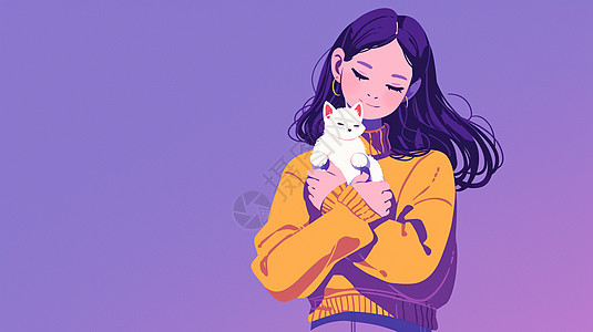 抱着宠物猫可爱的扁平风卡通女孩图片
