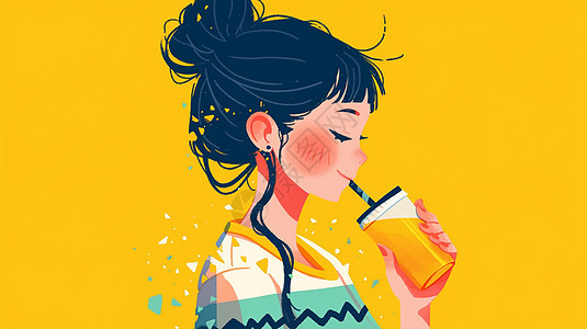 喝果汁饮料的卡通女孩子背景图片