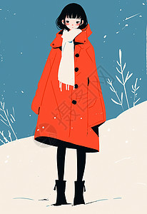 红色风衣扁平风时尚的卡通女孩图片