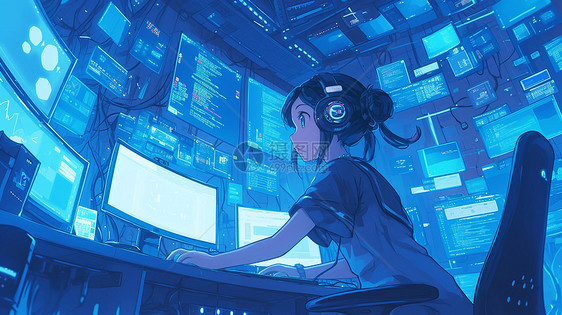 夜晚坐在电脑前办公的卡通女孩图片