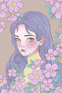 线描花朵女生插画背景图片