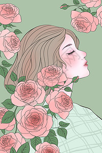 线描玫瑰花女生插画图片