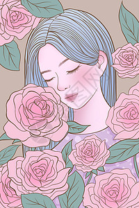 38女王节线描玫瑰花长发女生插画插画