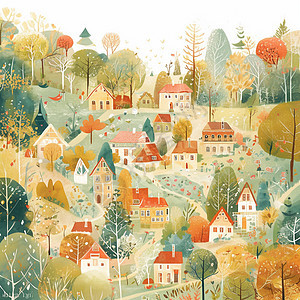 春天卡通可爱的小村庄背景图片