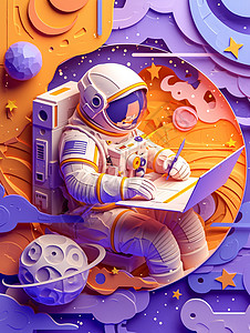 紫色剪纸风时尚立体科幻的卡通宇航员图片