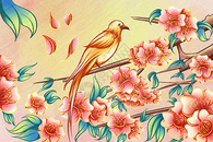 春天桃花树枝上的鸟节气海报插画图片