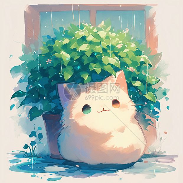 雨中一只卡通小花猫在躲雨图片
