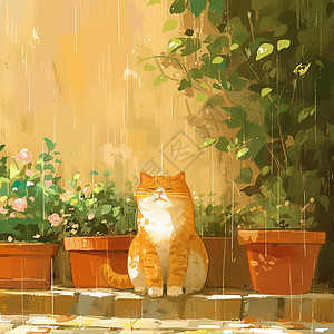 春天一只卡通小花猫在躲雨图片