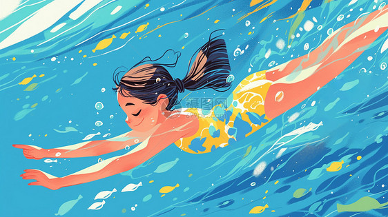 泳池中游泳的可爱卡通小女孩图片