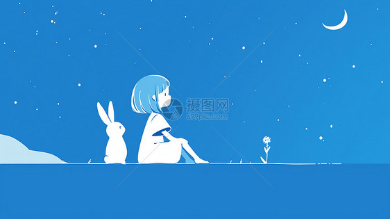 与小白兔一起抬头仰望星空的小清新卡通女孩图片