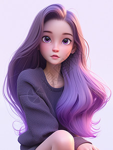 坐在地上紫色长发漂亮的卡通女孩图片