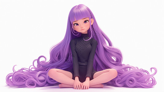 盘腿坐在地上紫色长发漂亮的卡通女孩高清图片