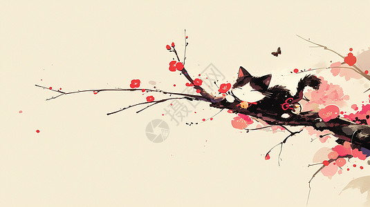 春天趴在桃花枝上可爱的卡通小猫高清图片