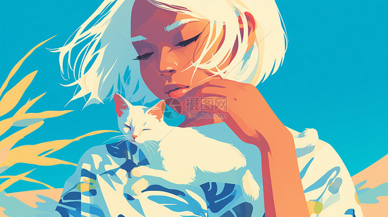 白发卡通女孩抱着小小的白色卡通宠物猫图片