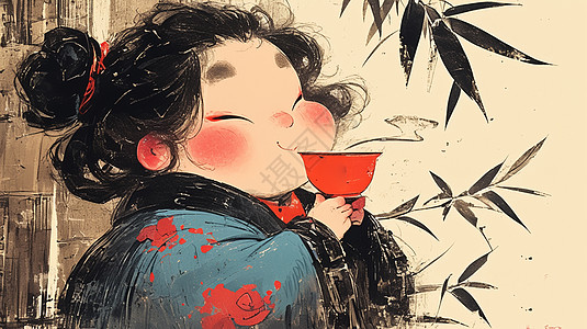 肥胖可爱的古风卡通小姑娘正在喝茶中国风插画图片