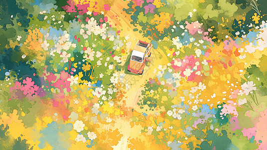 春天一辆小小的卡通汽车行驶在开满鲜花的相间小路上图片