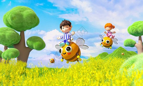 c4d立体男孩女孩骑蜜蜂飞翔在油菜花丛中3d插画图片