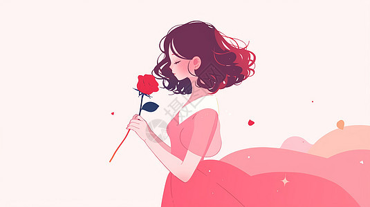 手拿玫瑰花优雅漂亮的卡通女孩背景图片