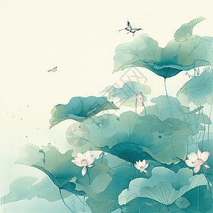 中国风绿色唯美的荷叶与荷花卡通插画背景图片