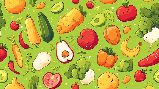 绿色背景上排列着各种可爱的卡通蔬菜图片