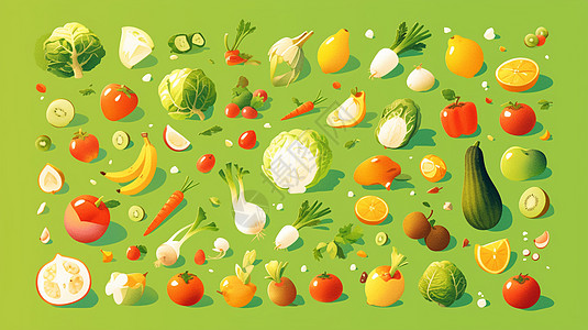绿色背景上排列着各种可爱的卡通蔬菜图片