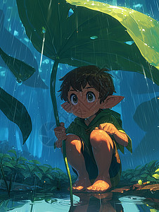 夜晚蹲在大大的绿叶下躲雨的可爱卡通男孩小精灵图片