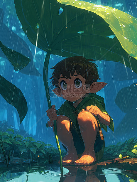 夜晚蹲在大大的绿叶下躲雨的可爱卡通男孩小精灵图片