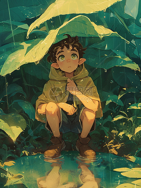绿叶下躲雨的可爱卡通男孩小精灵图片