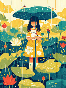 拿着巨大的荷叶走在雨中与宠物猫一起欣赏风景的卡通女孩图片