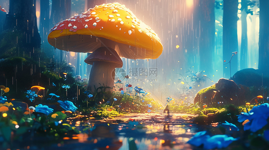 雨中卡通森林里一个巨大的卡通蘑菇图片