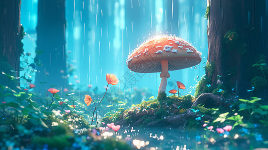 雨中卡通森林里卡通蘑菇图片