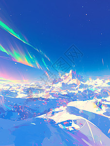 高高的雪山上空一片五颜六色美丽的卡通极光图片
