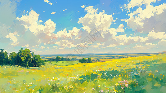 油画风美丽的蓝天白云下一大片绿色草地图片