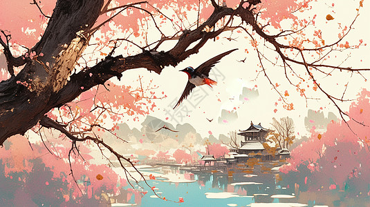 春天开满桃花的古树几只飞鸟飞过中国风水墨画高清图片