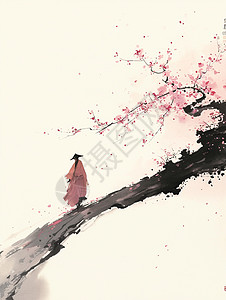 春天水墨风粉色花朵的卡通桃花古树背景图片