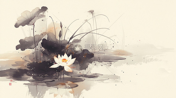 荷塘中一簇美丽的荷花中国风水墨画图片