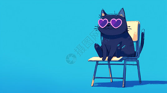 悠闲的坐在椅子上可爱的卡通小黑猫图片