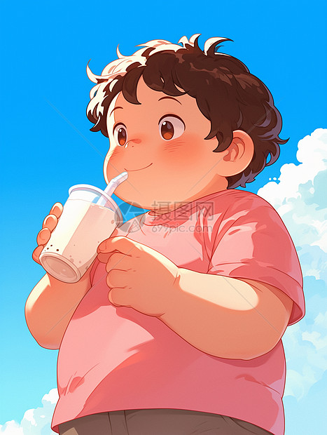 蓝天白云下喝奶茶的卡通胖男孩图片