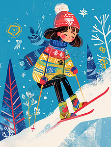 穿着滑雪服装在滑雪的女孩图片