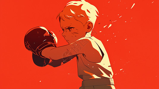 戴着红色拳套努力打拳击训练的卡通小男孩图片