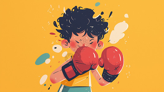 拳击运动戴着红色拳套努力打拳击训练的小男孩插画