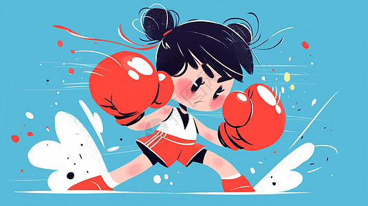 扎两个丸子头戴着拳套做自由搏击运动的卡通小女孩图片