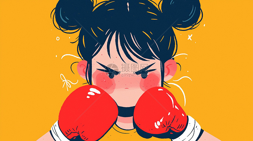 两个丸子头戴着拳套做自由搏击运动的卡通小女孩图片