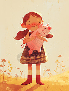 怀抱着小猪宠物可爱的卡通小女孩图片