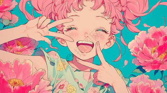 比耶手势开心笑的卡通女孩在粉色牡丹花旁图片