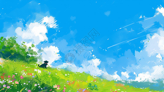 春天在蓝天白云下绿油油的草地上玩耍的小狗高清图片