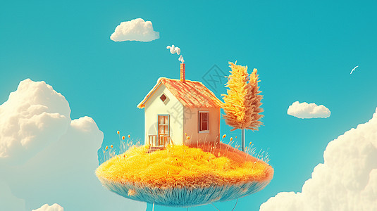 悬浮在蓝天白云中的一个可爱卡通小房子图片